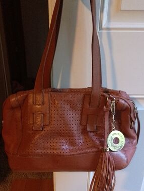 Isaac Mizrahi Brown Perforated Leather Shoulder Bag with Tassel Charm